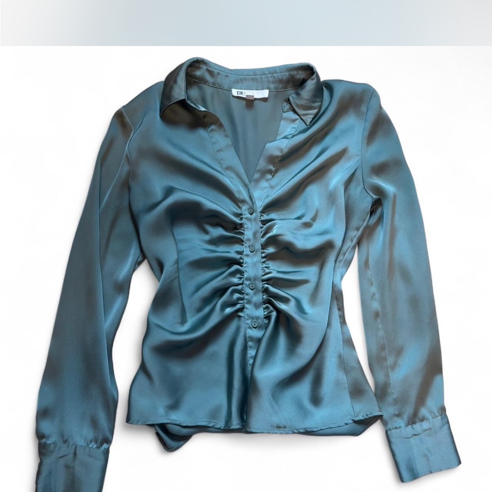 DR2 Blue Ruched Fitted Blouse with Notched Collar